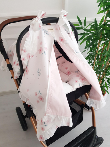 Çiçekli Fırfırlı Fermuarlı Bebek Puset Örtüsü ve Puset Minderi