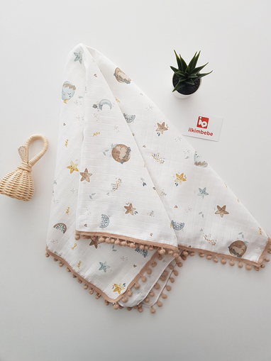 Dolunay Ponponlu Müslin Bebek Battaniyesi 85x90