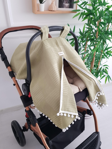 Düz Renk Ponponlu Pikeli Fermuarlı Bebek Puset Örtüsü ve Puset Minderi