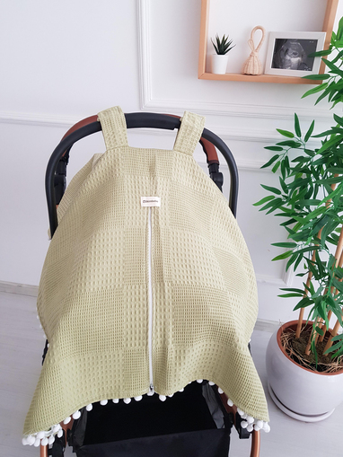 Düz Renk Ponponlu Pikeli Fermuarlı Bebek Puset Örtüsü ve Puset Minderi