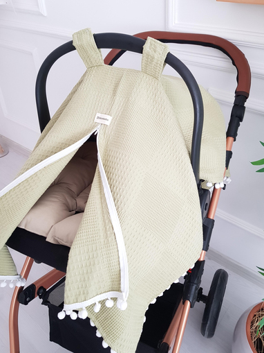 Düz Renk Ponponlu Pikeli Fermuarlı Bebek Puset Örtüsü ve Puset Minderi