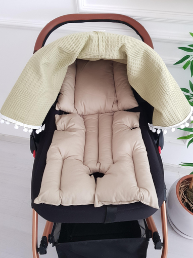 Düz Renk Ponponlu Pikeli Fermuarlı Bebek Puset Örtüsü ve Puset Minderi