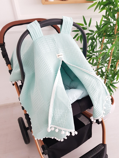 Düz Renk Ponponlu Pikeli Fermuarlı Bebek Puset Örtüsü ve Puset Minderi