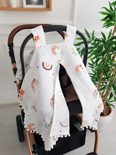 Gökkuşağı Ponponlu Fermuarlı Bebek Puset Örtüsü