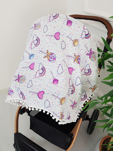 Gökkuşağı Ponponlu Müslin Bebek Battaniyesi 85x90