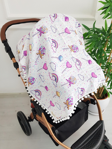Gökkuşağı Ponponlu Müslin Bebek Battaniyesi 85x90