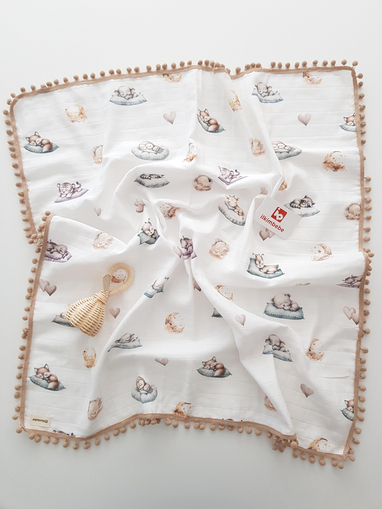 Uyuyan Hayvanlar Ponponlu Müslin Bebek Battaniyesi 85x90