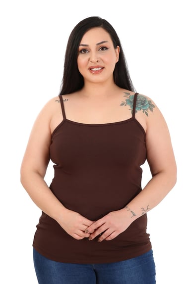 Büyük Beden İp Askılı Viskon Kahverengi Body