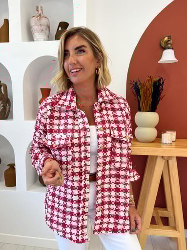 Pembe Kaz Ayağı Desenli Tüvit Kumaş Gömlek