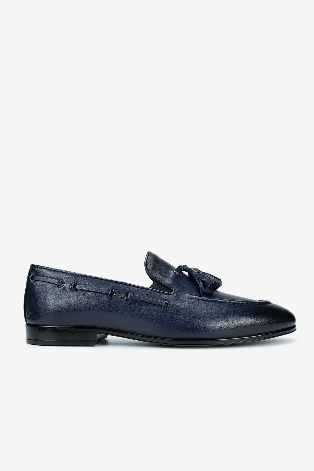 Erkek Deri Püsküllü Klasik Loafer — Lacivert