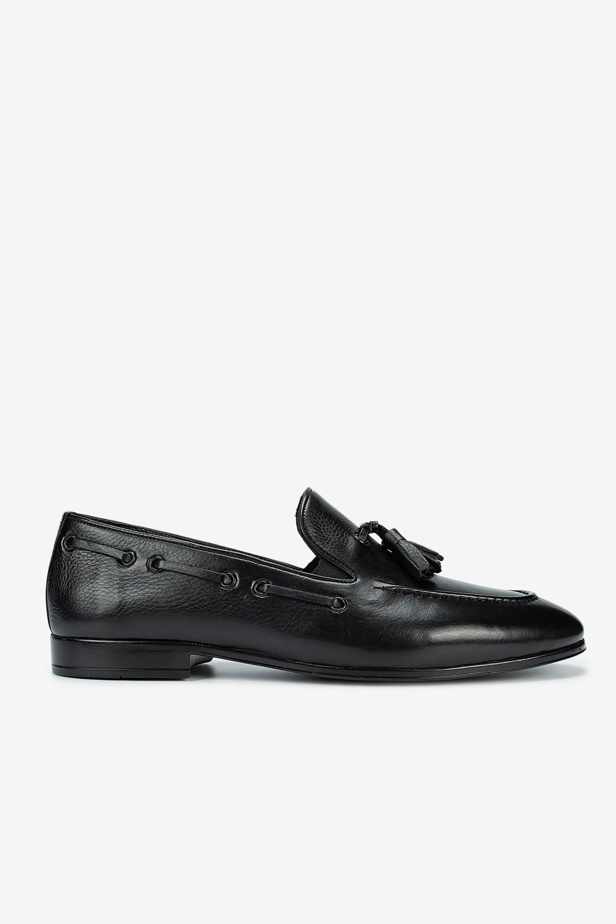 Erkek Deri Püsküllü Klasik Loafer — Siyah