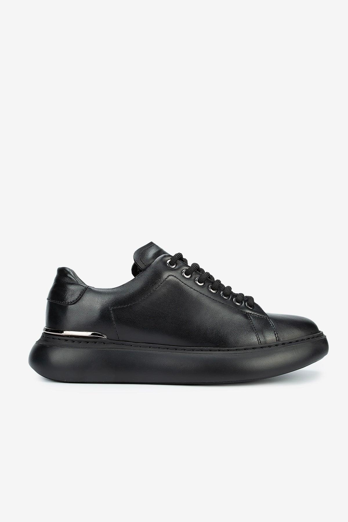 Erkek Deri Bağcıklı Günlük Sneaker — Siyah
