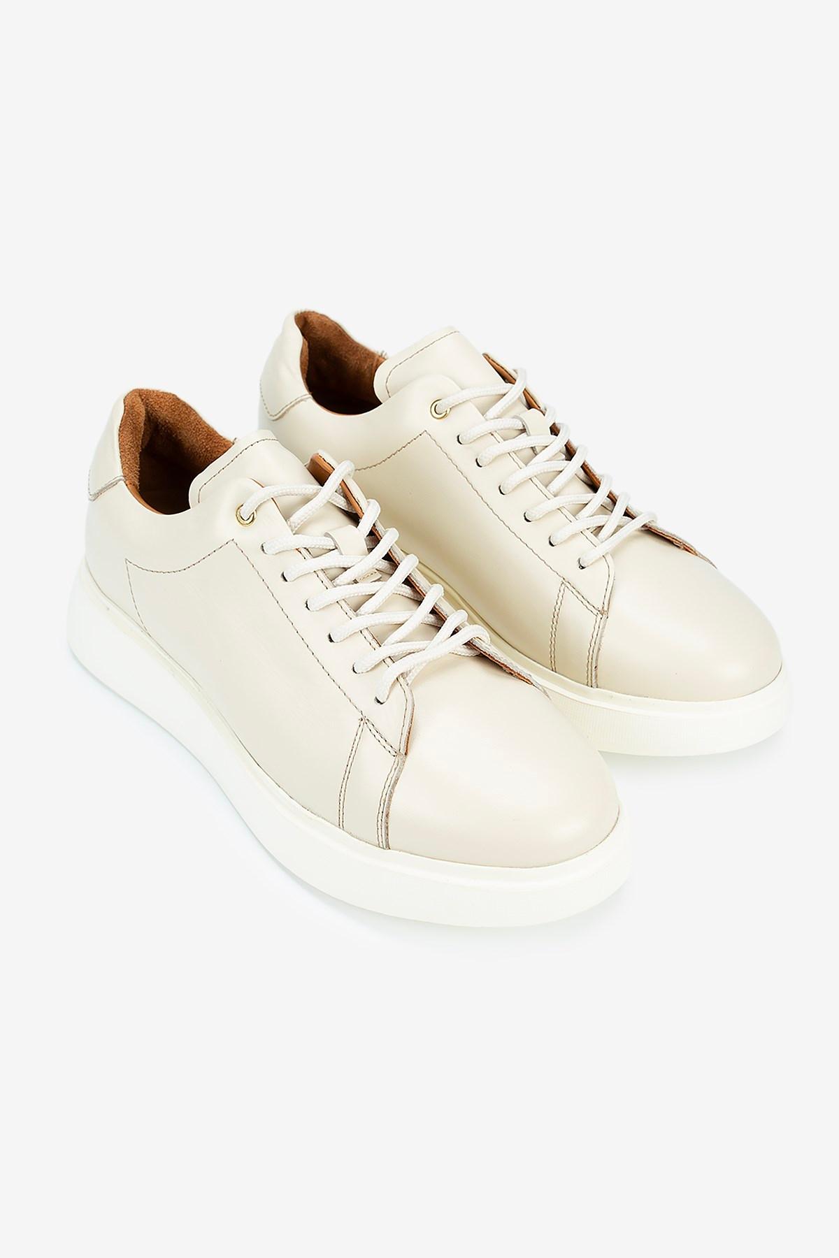 Erkek Deri Bağcıklı Günlük Sneaker — Bej · görsel 2