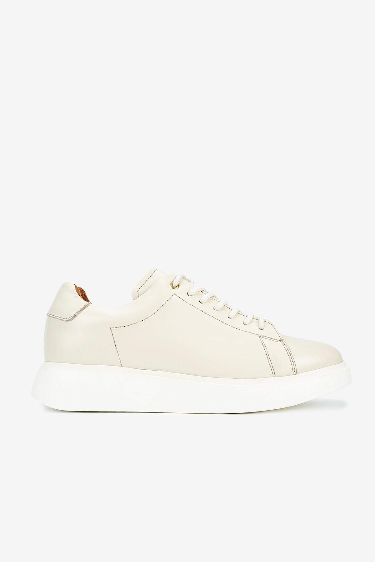 Erkek Deri Bağcıklı Günlük Sneaker — Bej