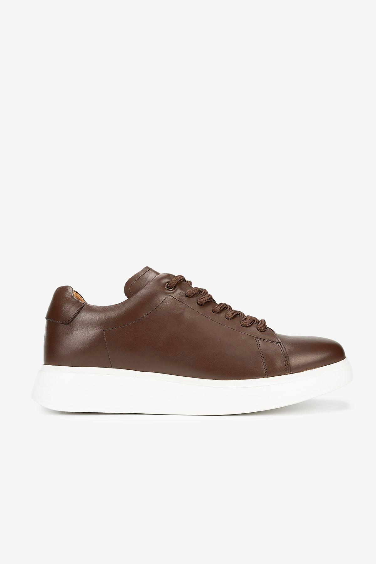 Erkek Deri Bağcıklı Günlük Sneaker — Kahverengi