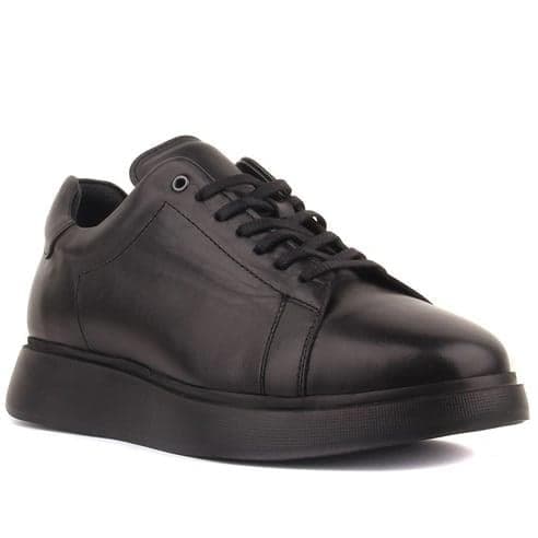 Erkek Deri Bağcıklı Günlük Sneaker — Siyah