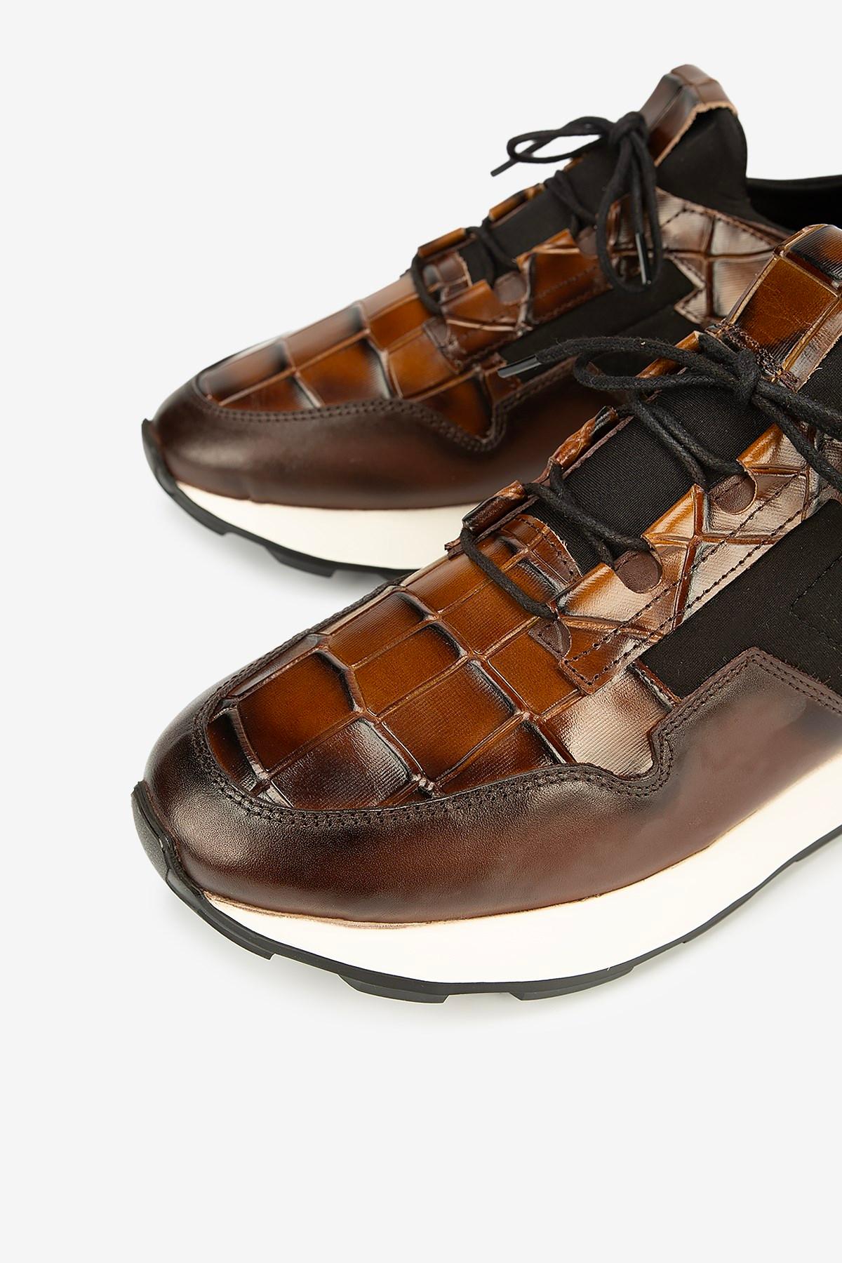 Erkek Kroko Desenli Deri Eva Tabanlı Retro Sneaker — Kahverengi · görsel 3