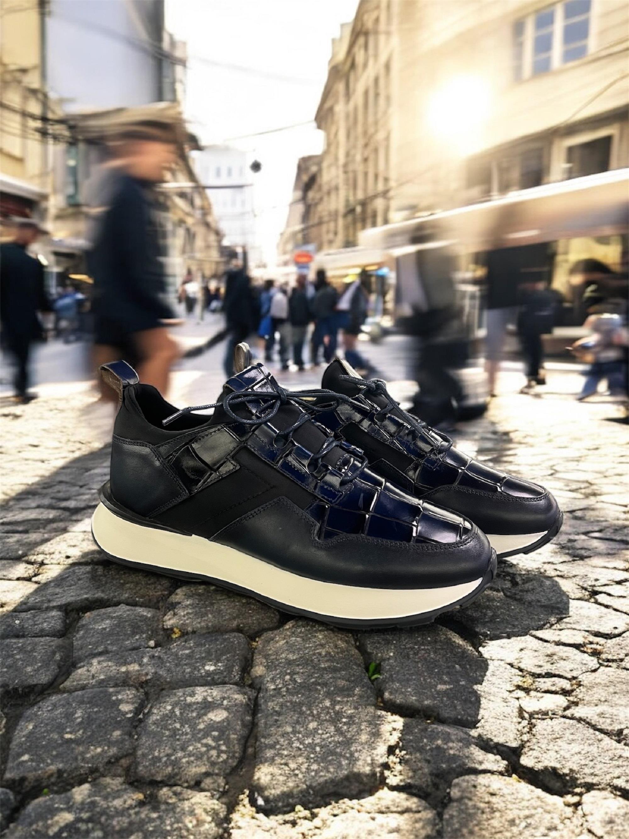 Erkek Kroko Desenli Deri Eva Tabanlı Retro Sneaker — Lacivert