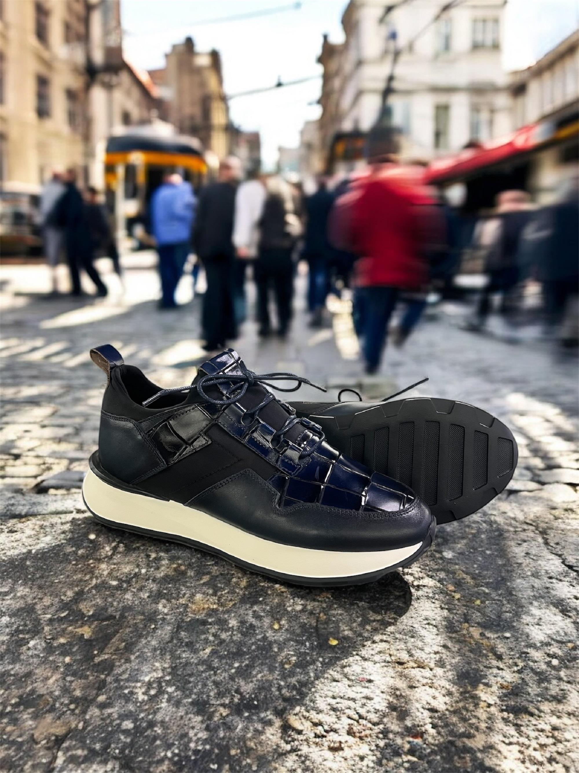 Erkek Kroko Desenli Deri Eva Tabanlı Retro Sneaker — Lacivert · görsel 2