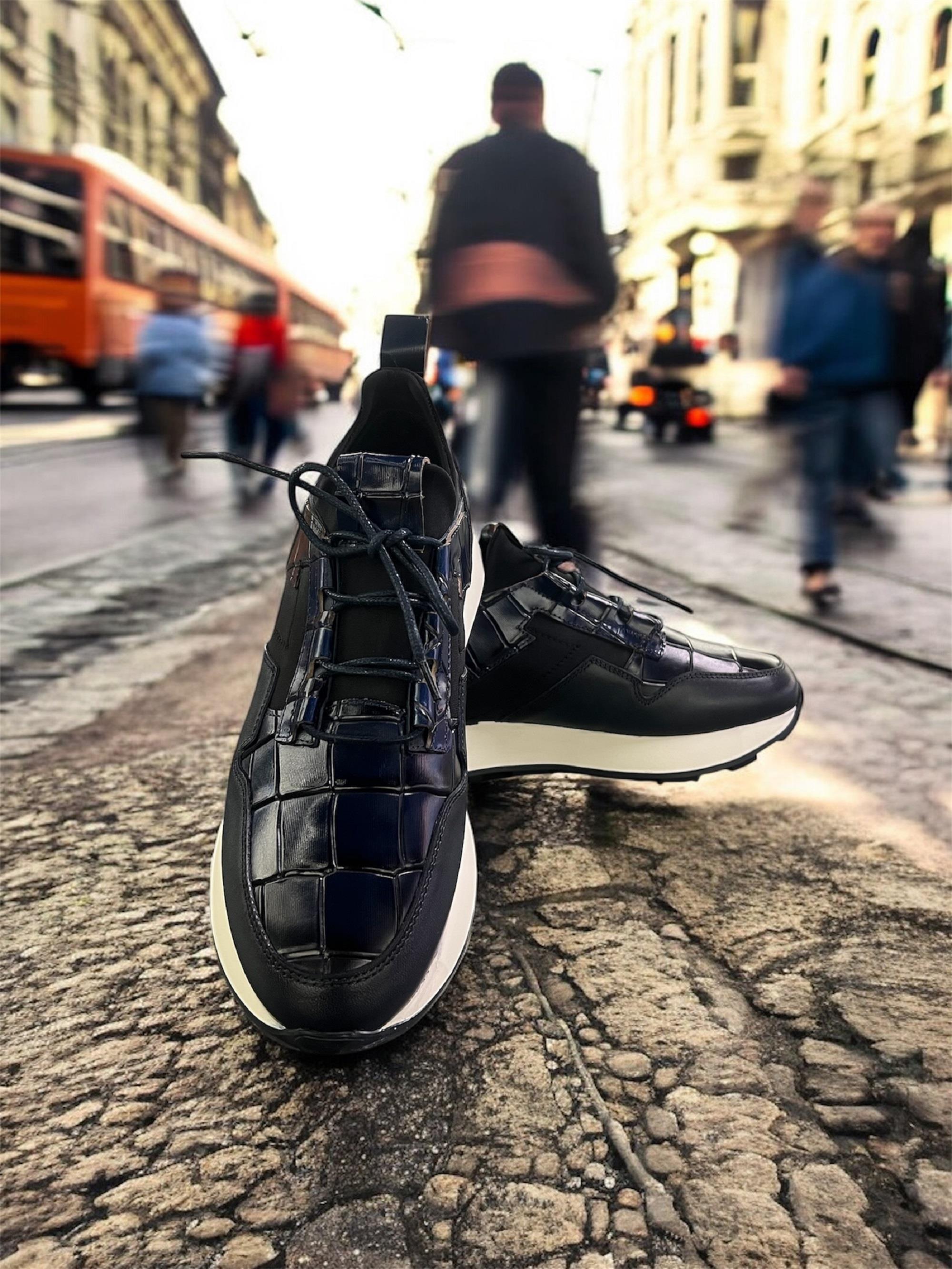 Erkek Kroko Desenli Deri Eva Tabanlı Retro Sneaker — Lacivert · görsel 3