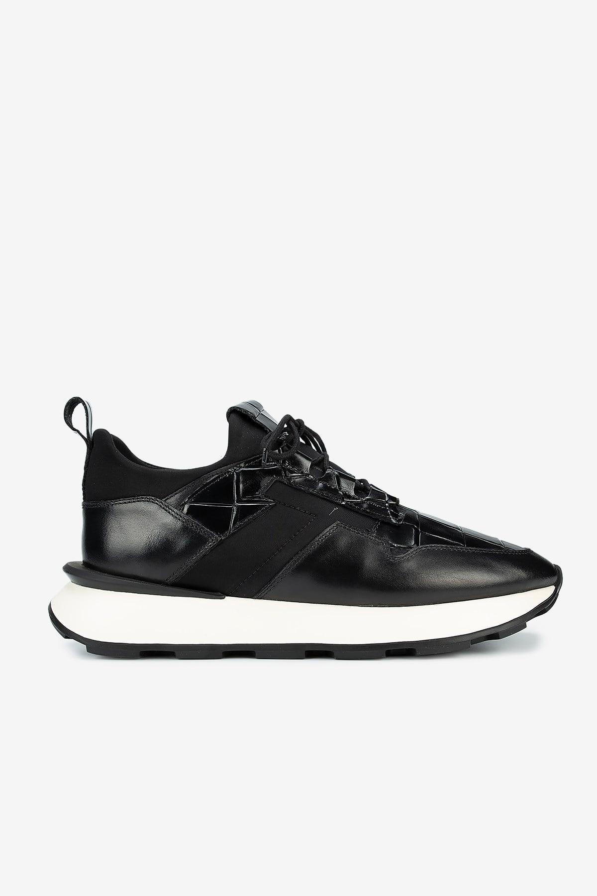 Erkek Kroko Desenli Deri Eva Tabanlı Retro Sneaker — Siyah