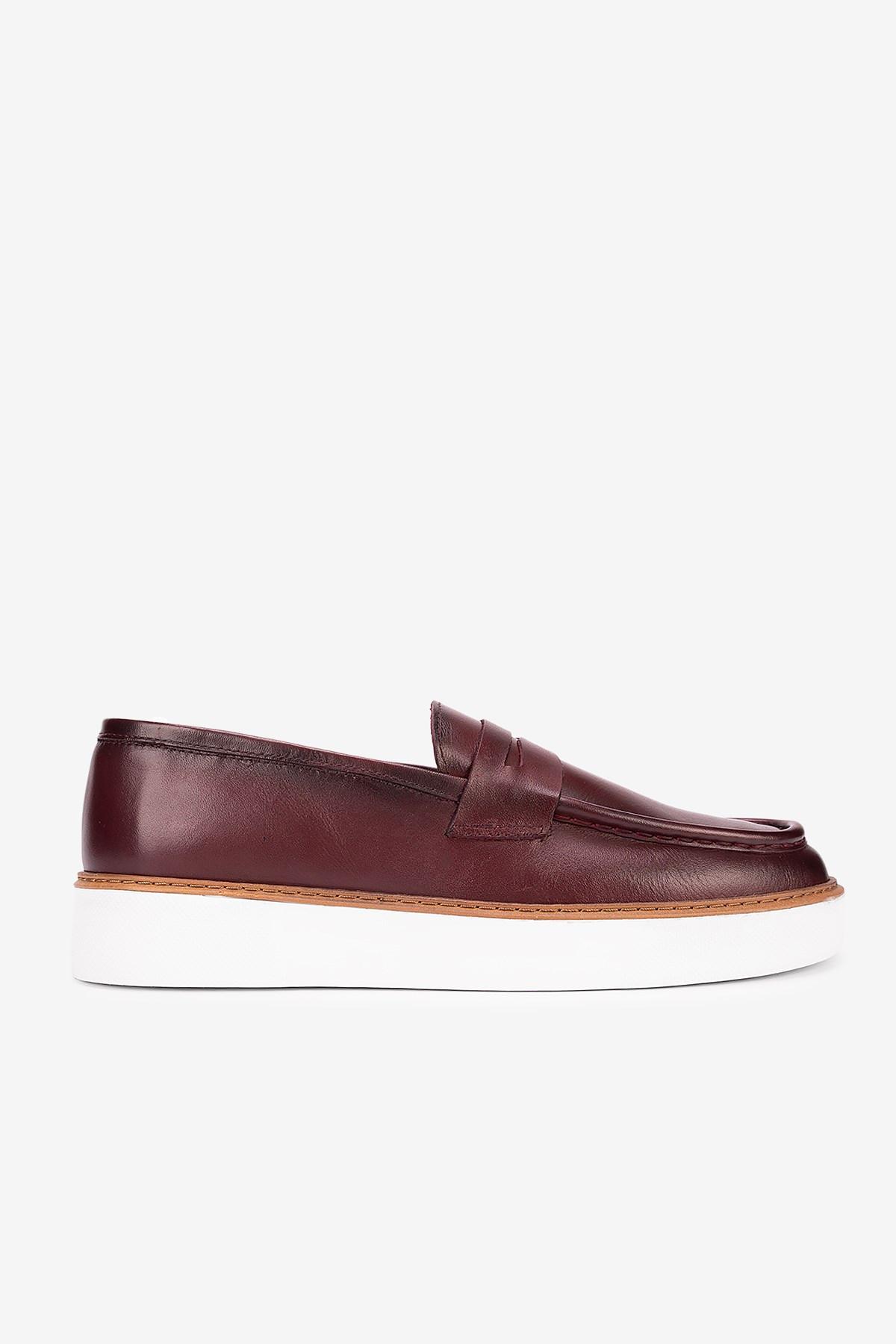 Erkek Deri Eva Tabanlı Bantlı Günlük Loafer — Bordo