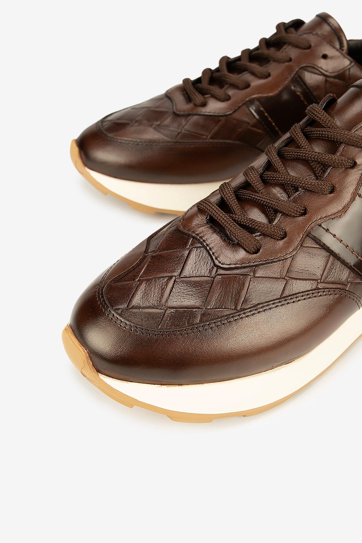 Erkek Kroko Desenli Deri Retro Sneaker — Kahverengi · görsel 3