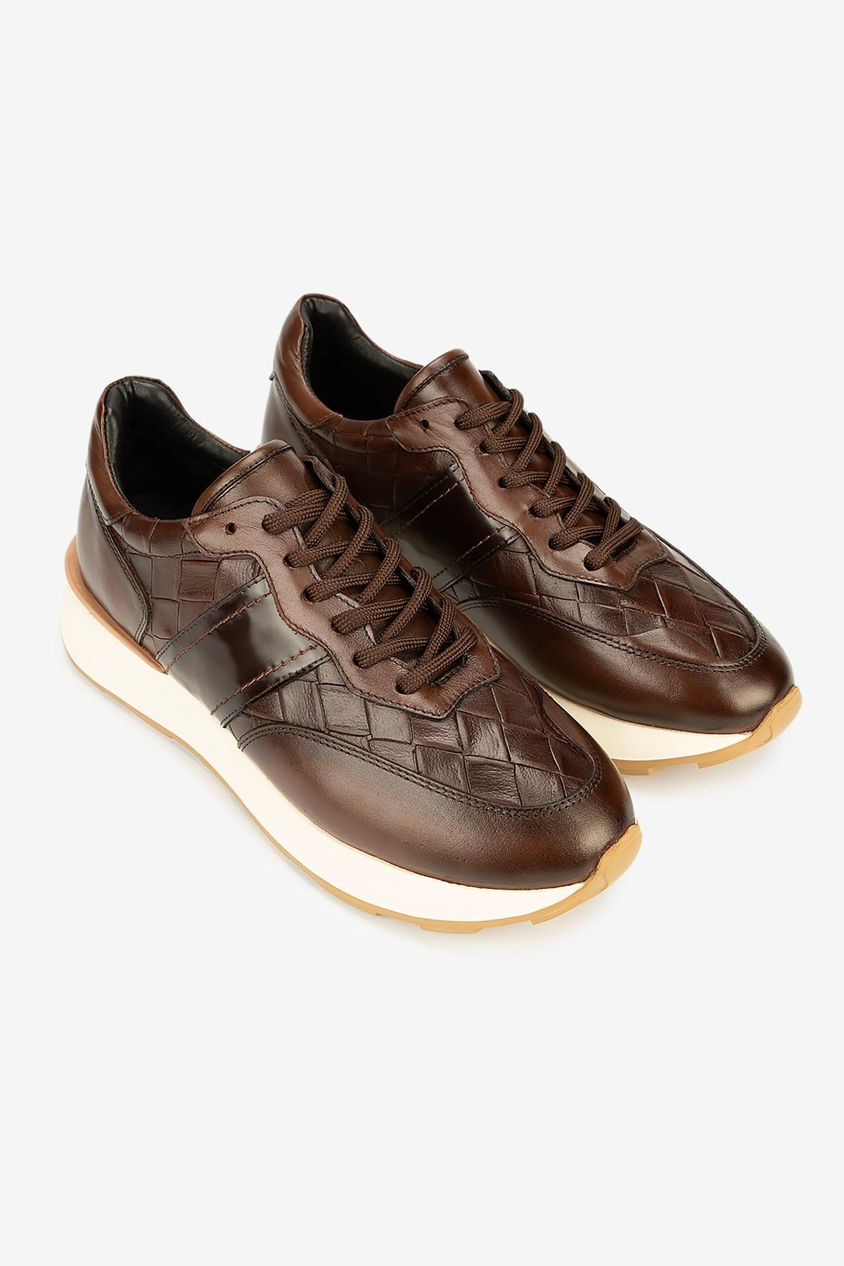 Erkek Kroko Desenli Deri Retro Sneaker — Kahverengi · görsel 2