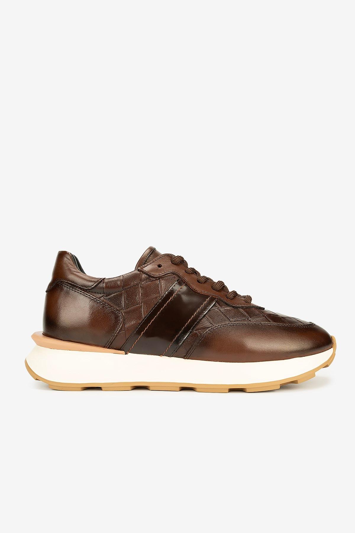 Erkek Kroko Desenli Deri Retro Sneaker — Kahverengi