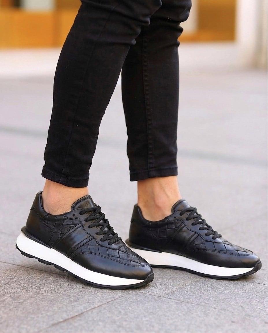 Erkek Kroko Desenli Deri Retro Sneaker — Siyah · görsel 5