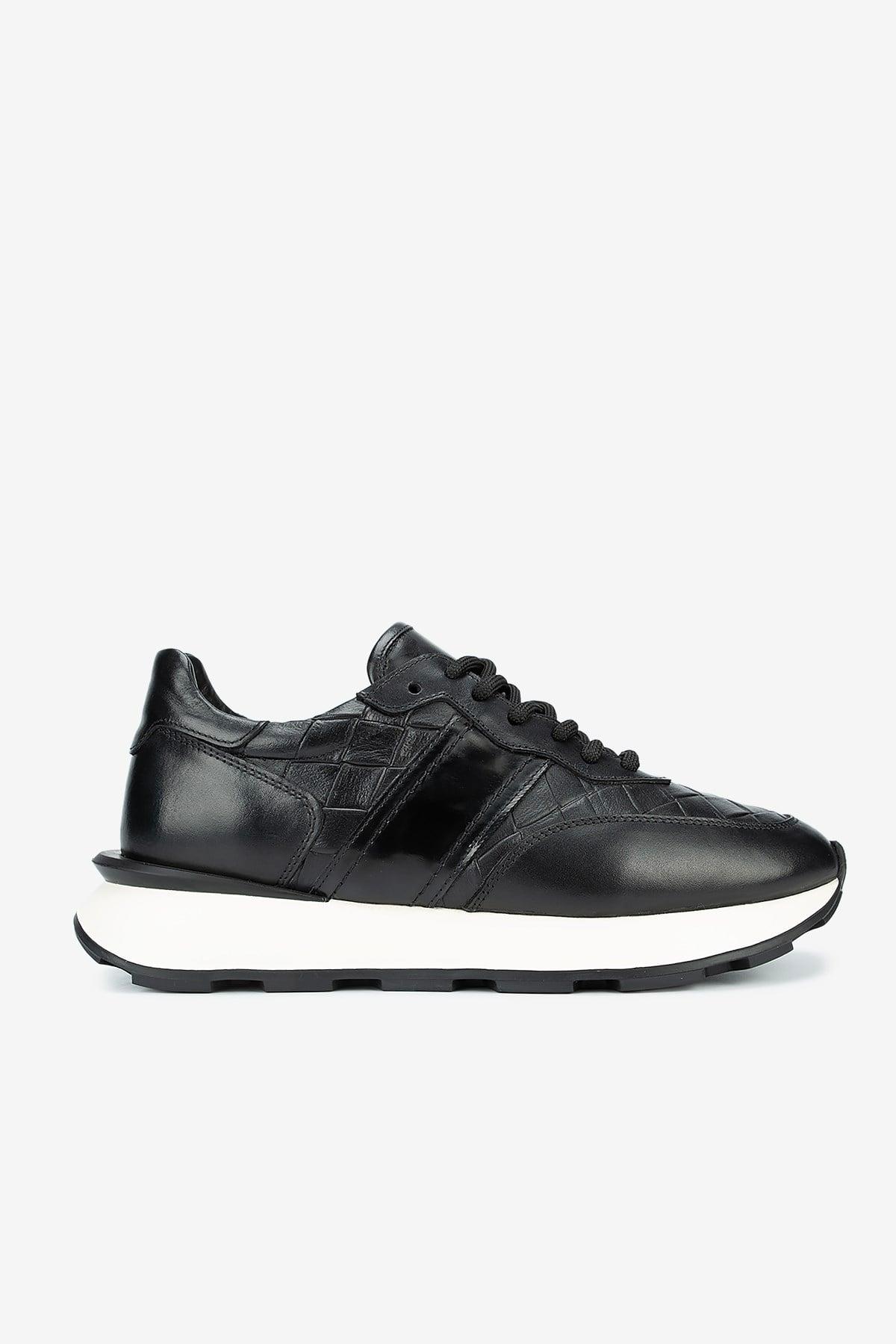 Erkek Kroko Desenli Deri Retro Sneaker — Siyah