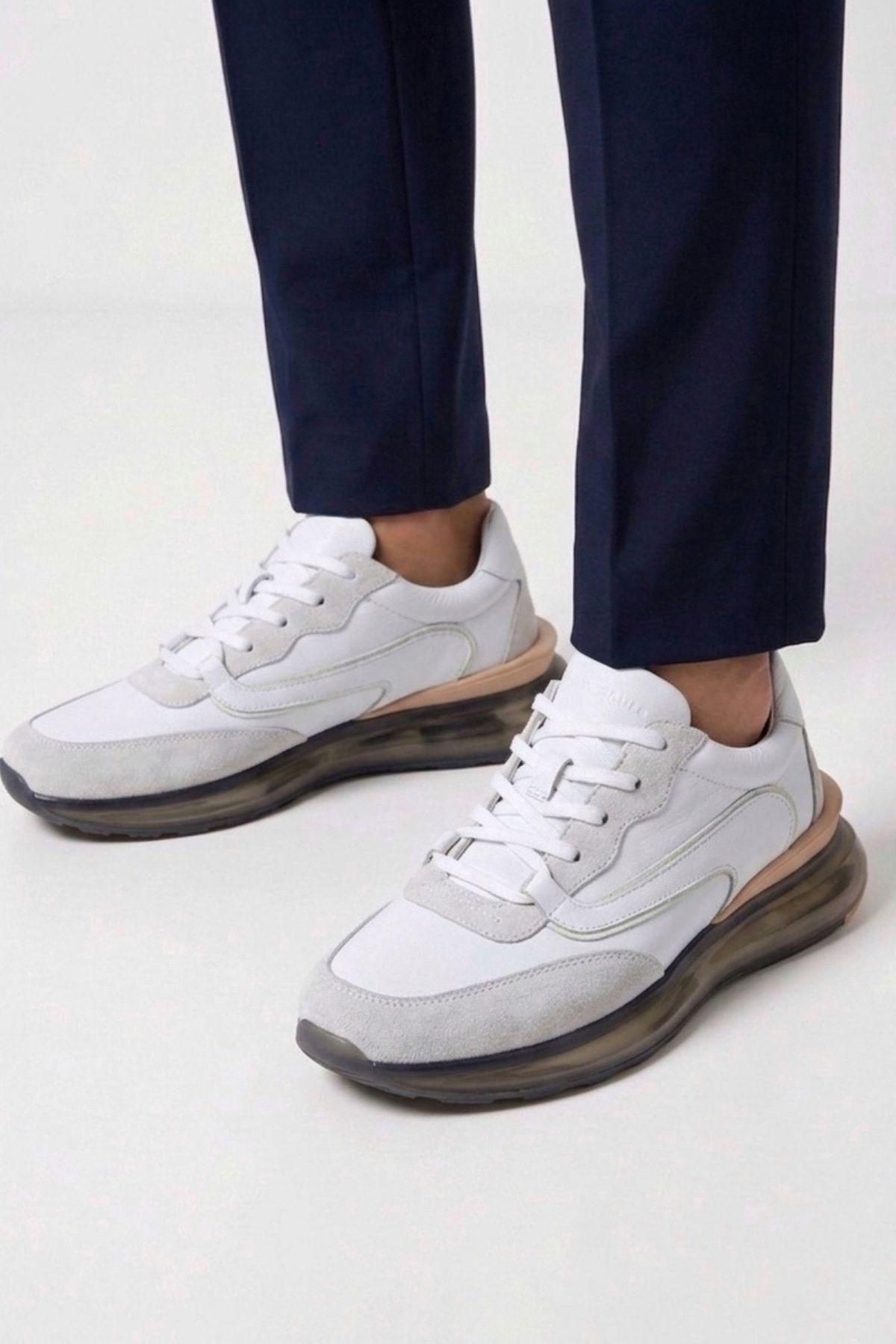 Erkek Deri Bağcıklı Günlük Sneaker — Beyaz