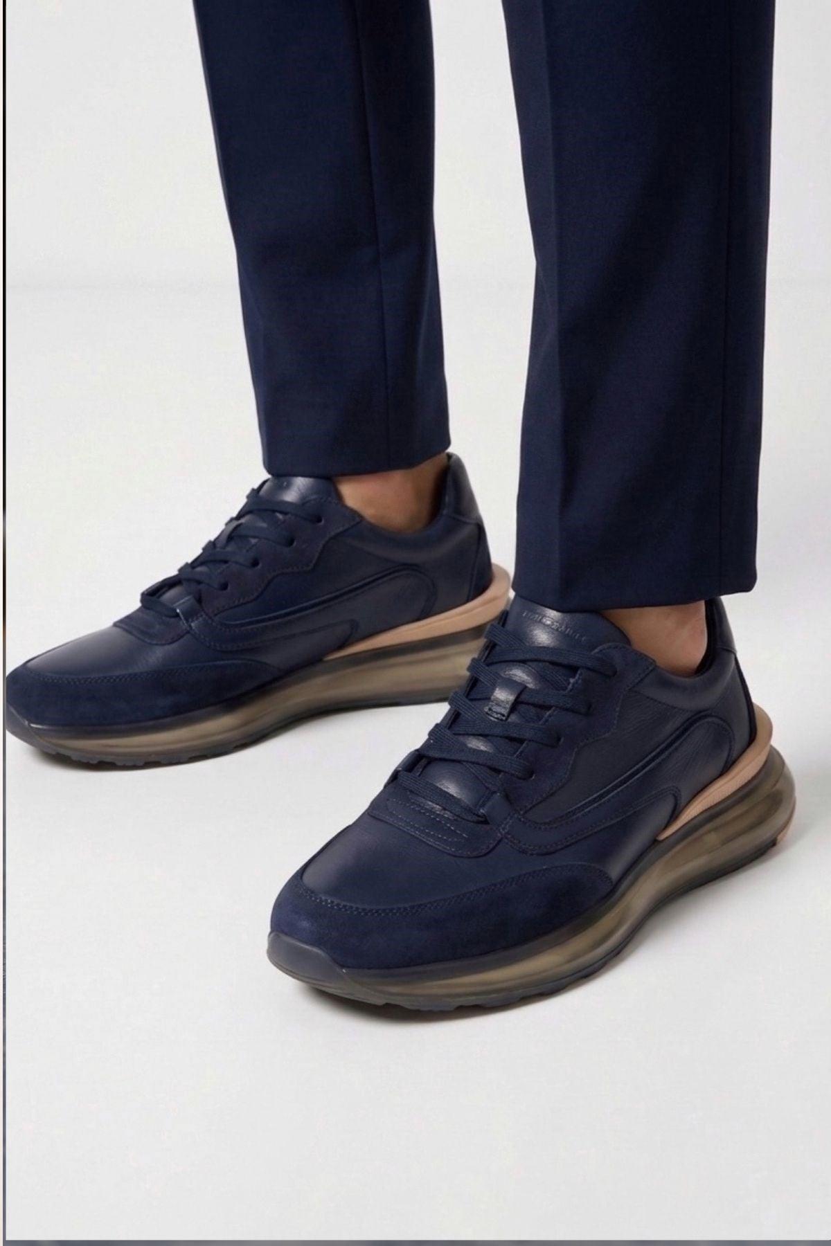 Erkek Deri Bağcıklı Günlük Sneaker — Lacivert