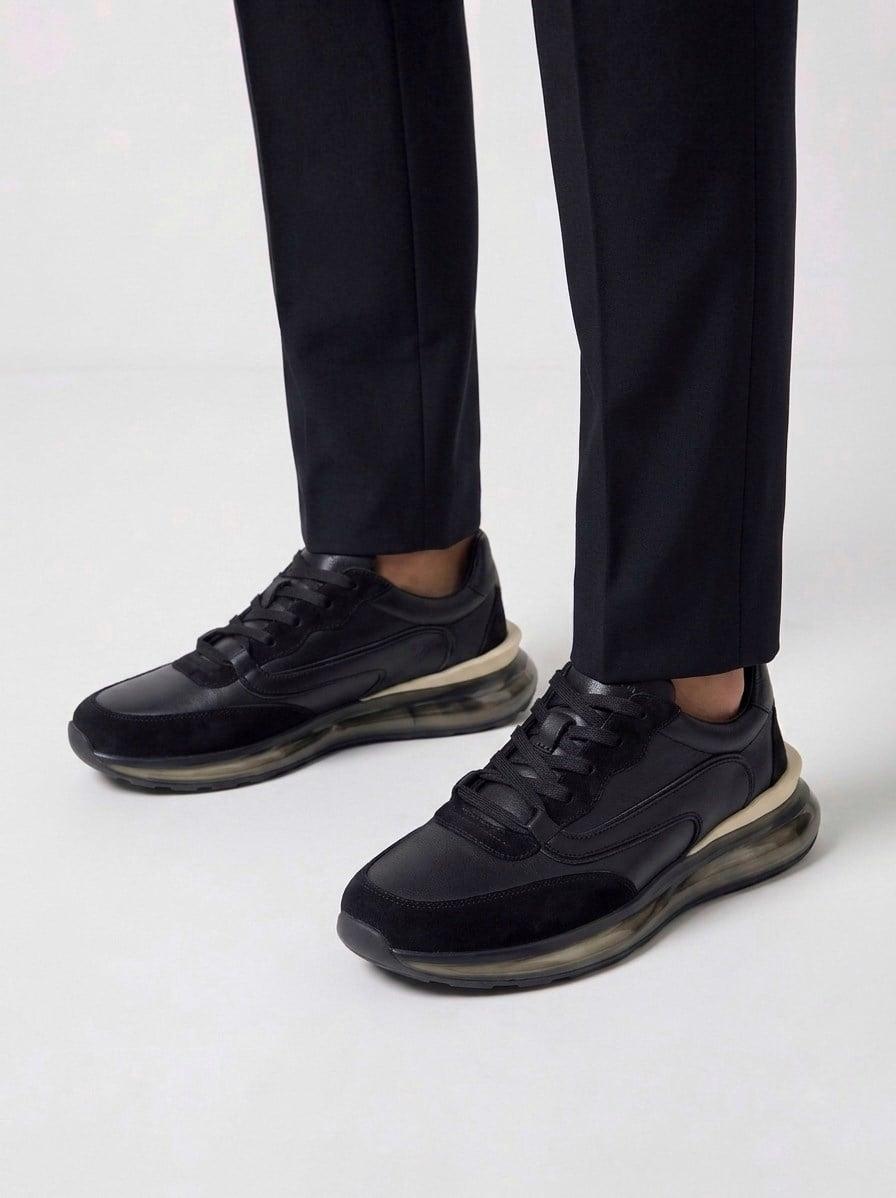 Erkek Deri Bağcıklı Günlük Sneaker — Siyah