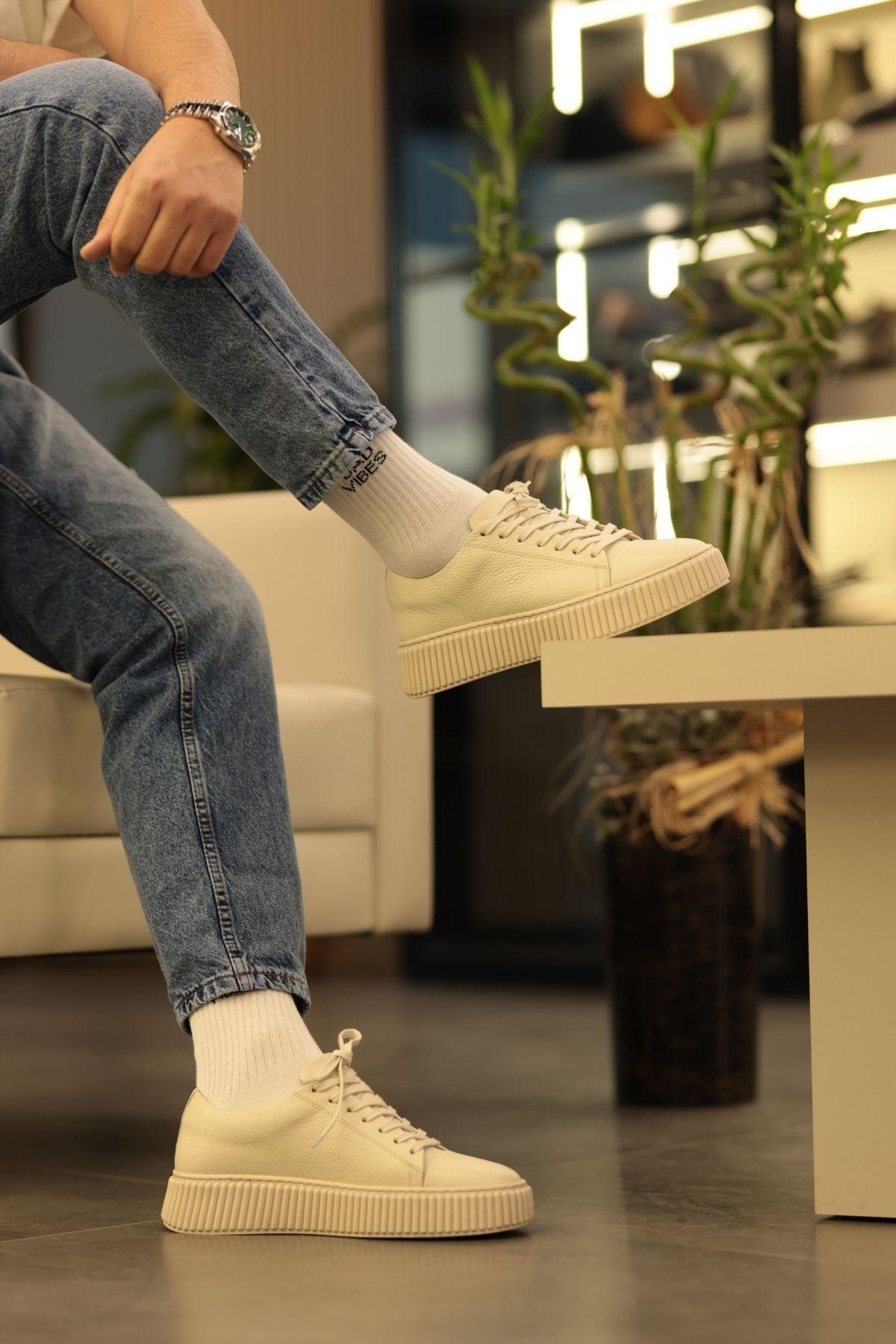Erkek Floter Deri Kalın Tabanlı Bağcıklı Günlük Sneaker — Bej · görsel 5