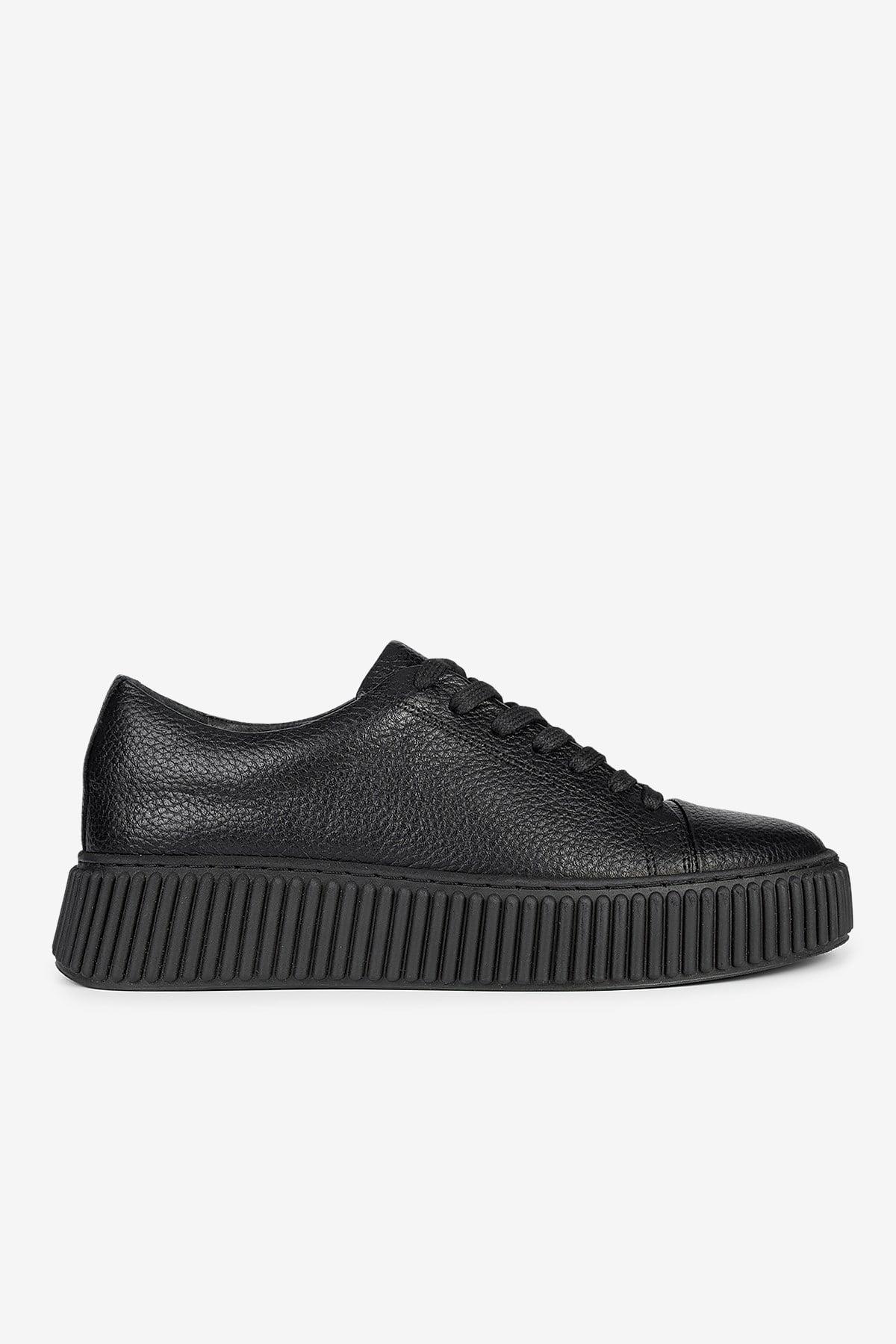 Erkek Floter Deri Kalın Tabanlı Bağcıklı Günlük Sneaker — Siyah