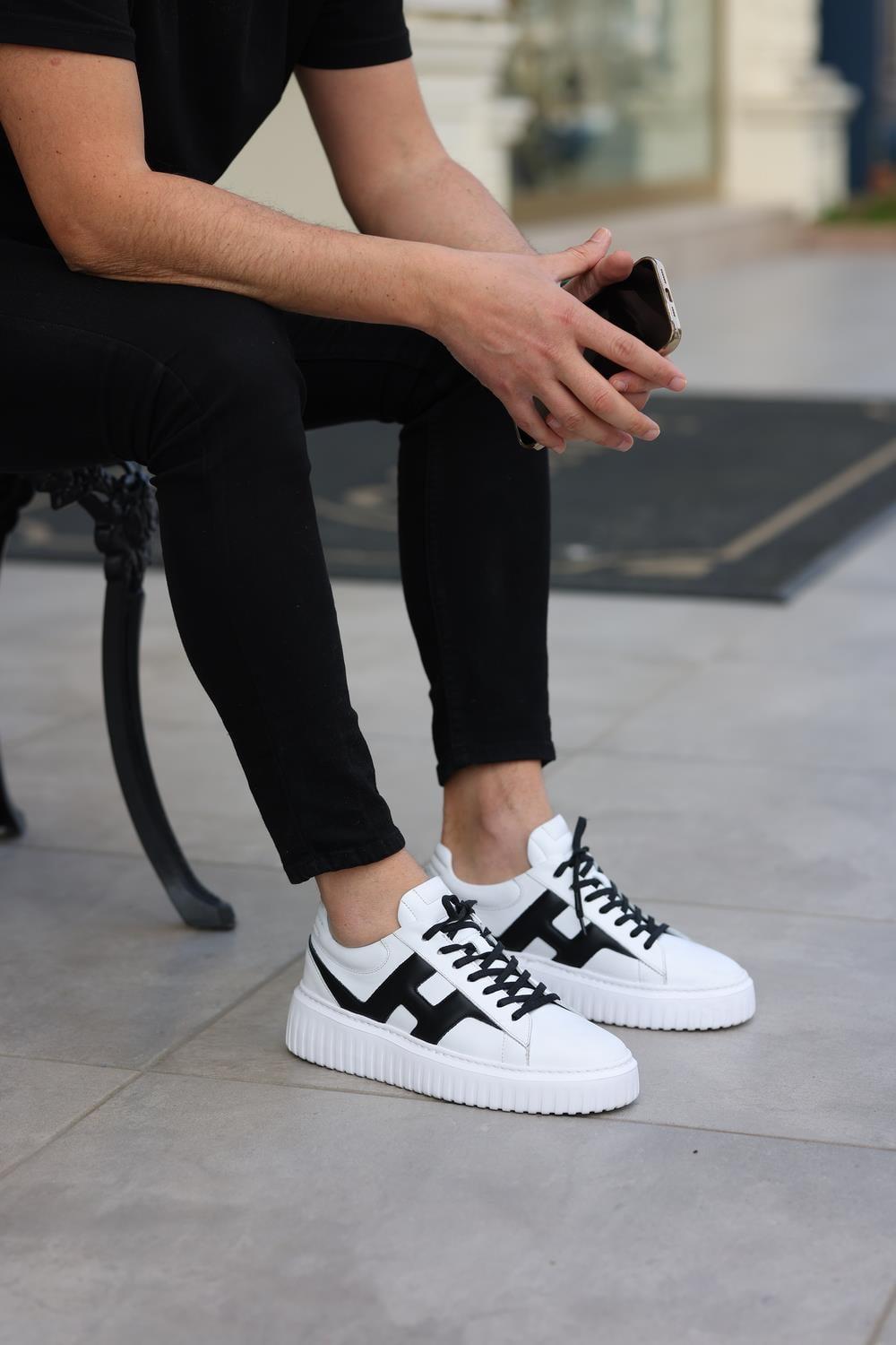 Erkek Deri Şerit Detaylı Sneaker — Beyaz