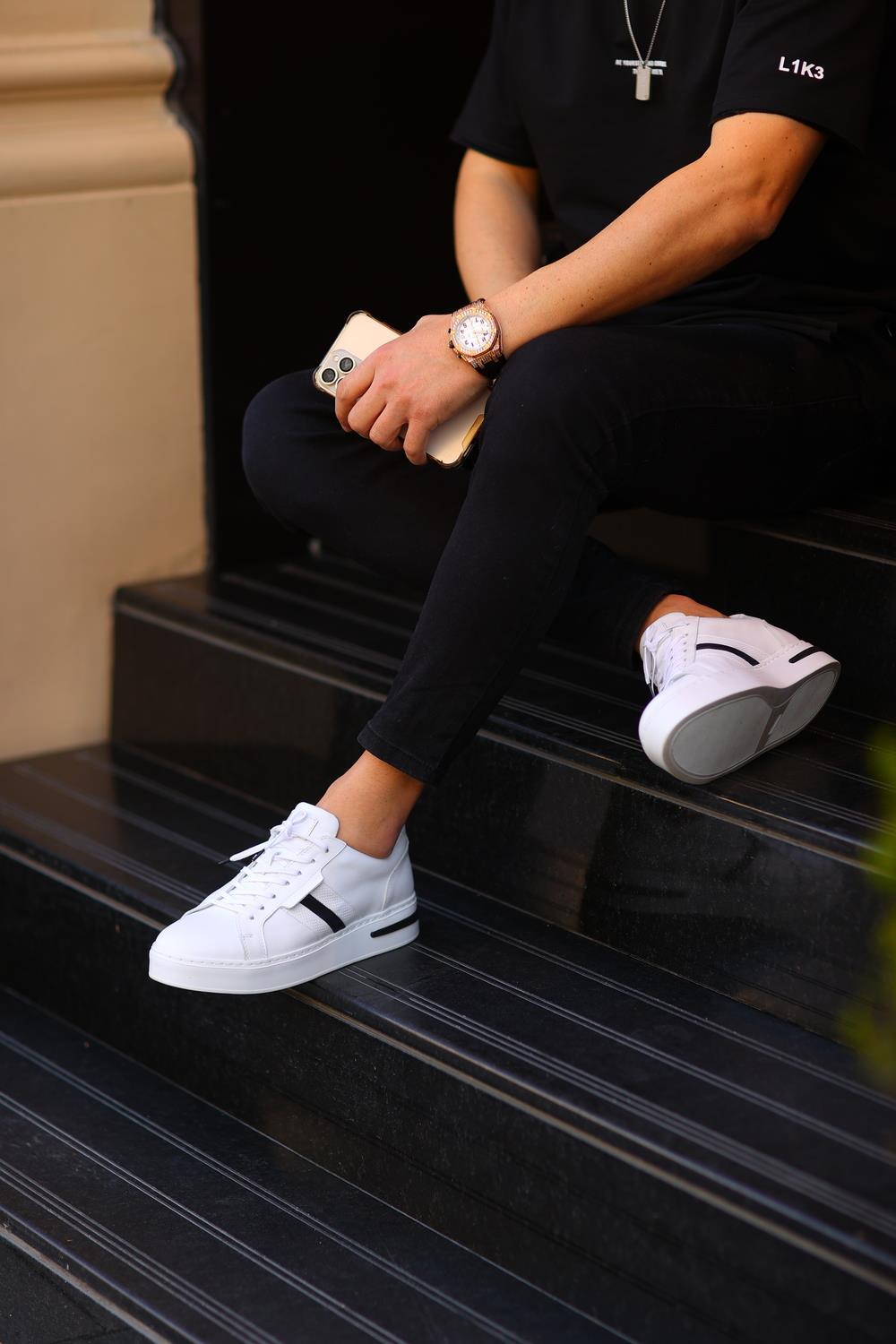 Erkek Deri Şerit Detaylı Sneaker — Beyaz