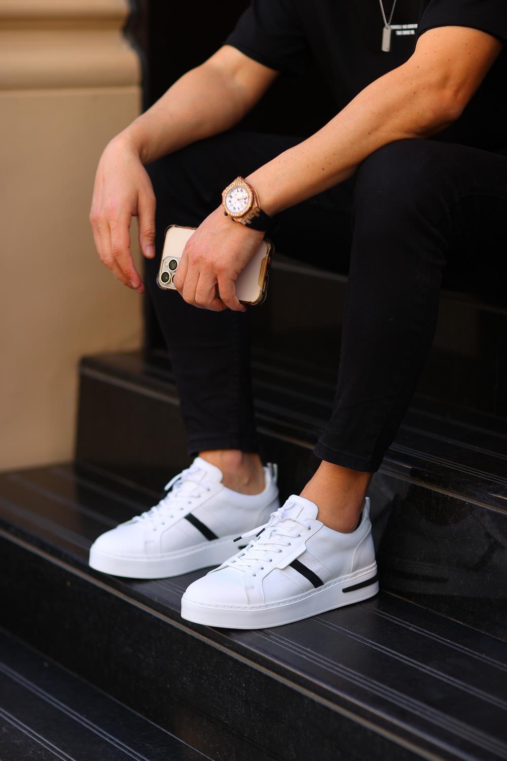 Erkek Deri Şerit Detaylı Sneaker — Beyaz · görsel 3