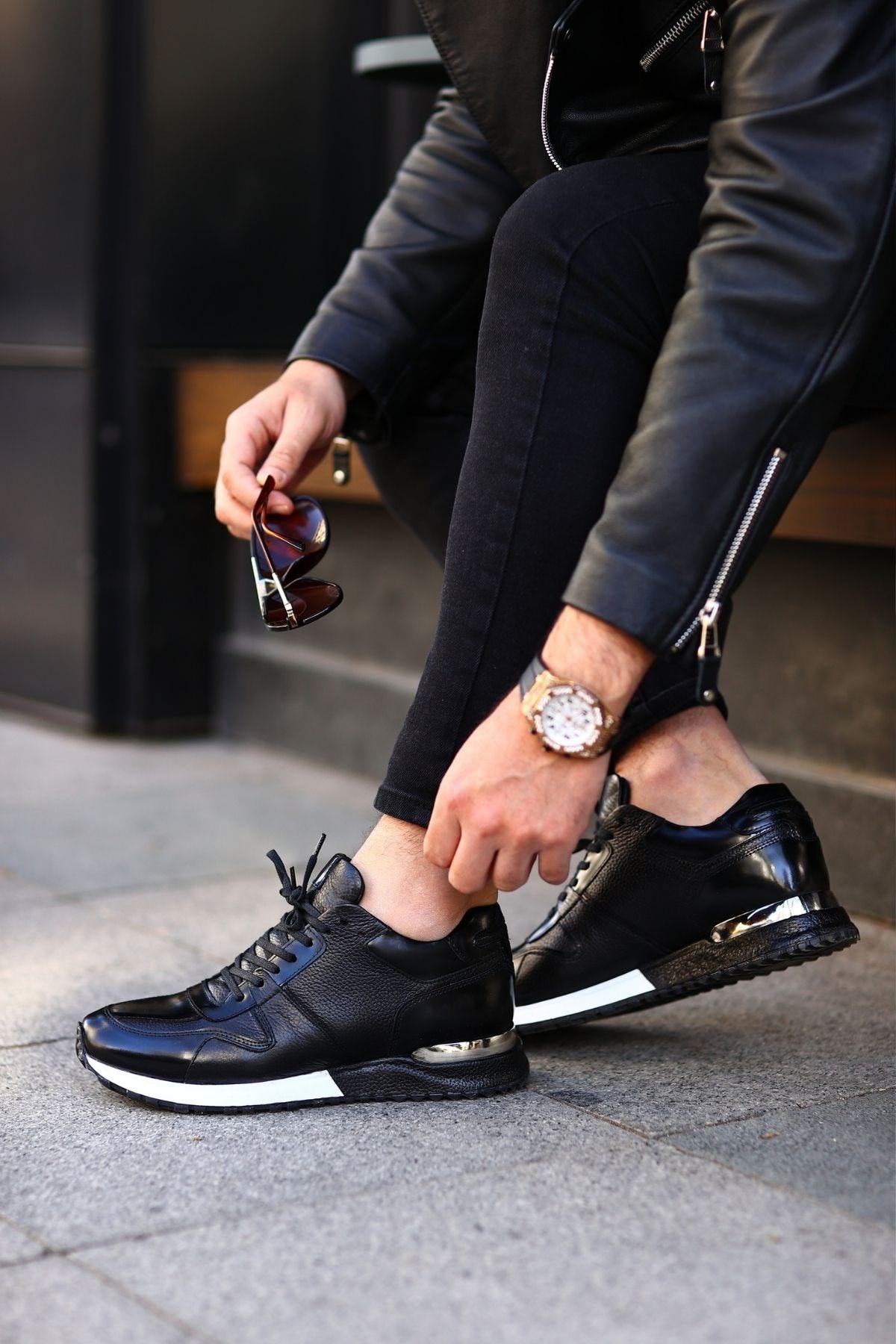 Erkek Açma Deri Bağcıklı Günlük Sneaker — Siyah · görsel 6