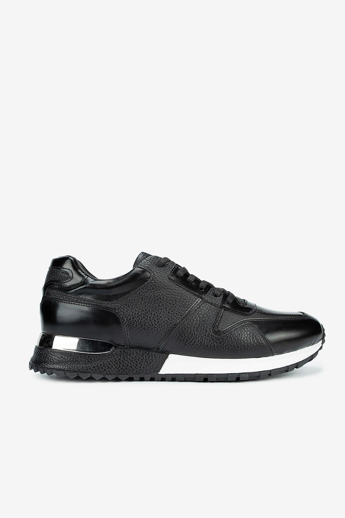 Erkek Açma Deri Bağcıklı Günlük Sneaker — Siyah