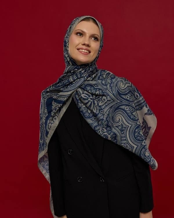 Bej & Lacivert Sultani Desen Şal - 60 - görsel 5