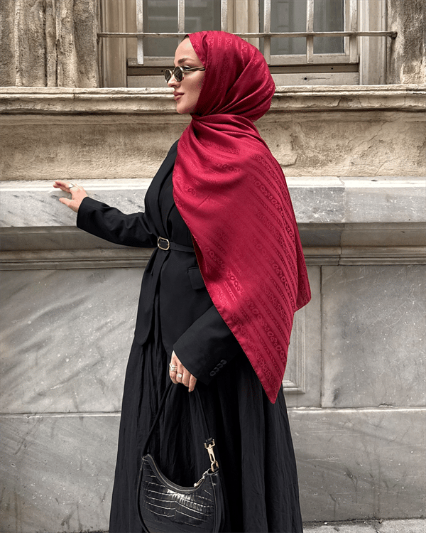 Bordo Şerit Desen Jakar Şal