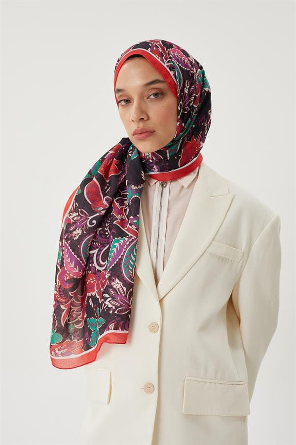 Bordo & Siyah Retro Desen Şal - görsel 6