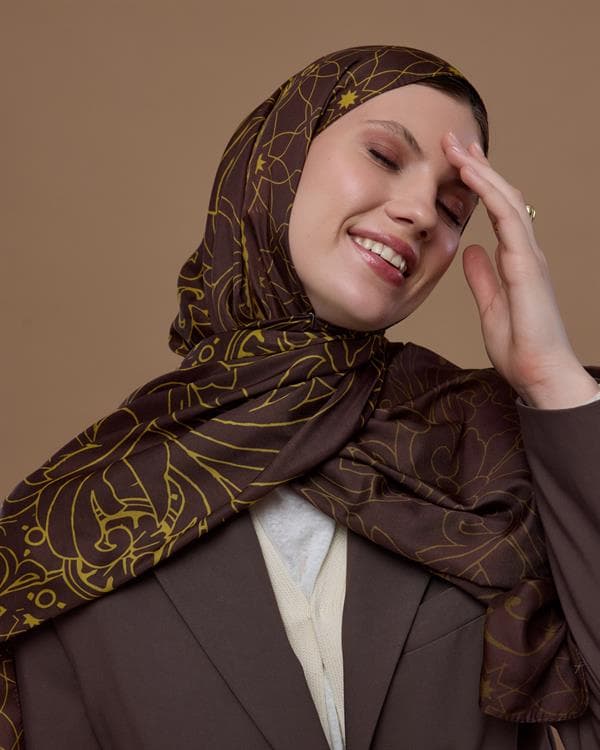 Buhur Kahvesi & Saf Sarı Efsunlu Desen Şal - 43