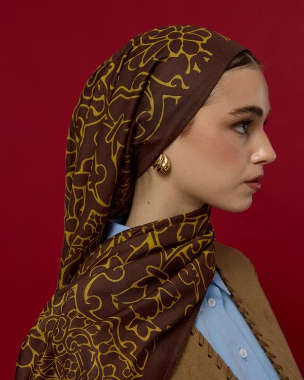 Buhur Kahvesi & Saf Sarı Harem Rüyası Desen Şal - 43