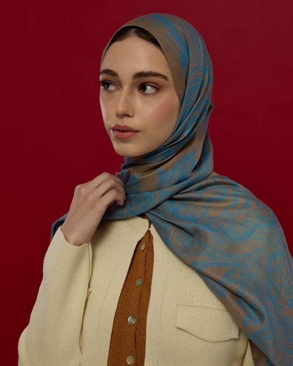 Çakıl Mavisi & Tarçın Dumanı Sultani Desen Şal - 51