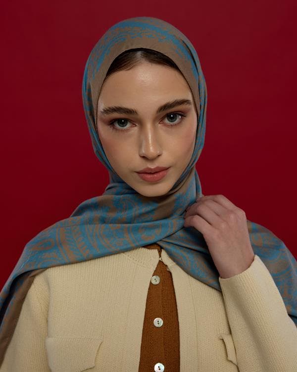 Çakıl Mavisi & Tarçın Dumanı Sultani Desen Şal - 51 - görsel 2