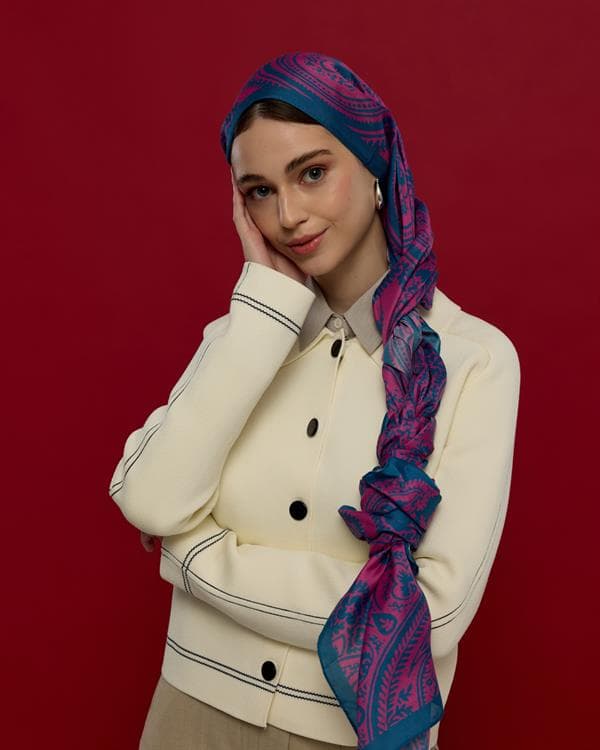 Çini Mavisi & Şakayık Pembesi Sultani Desen Şal - 05 - görsel 2