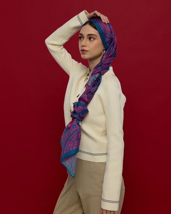 Çini Mavisi & Şakayık Pembesi Sultani Desen Şal - 05 - görsel 4